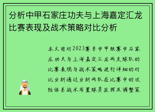 分析中甲石家庄功夫与上海嘉定汇龙比赛表现及战术策略对比分析